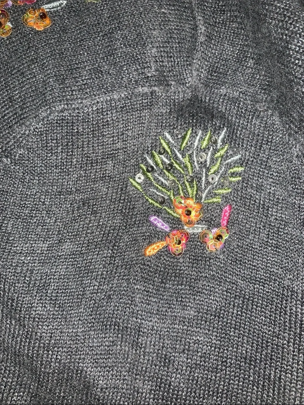 One Girl Who Gray Cardigan with Multicolor Sequin Floral Embroidery